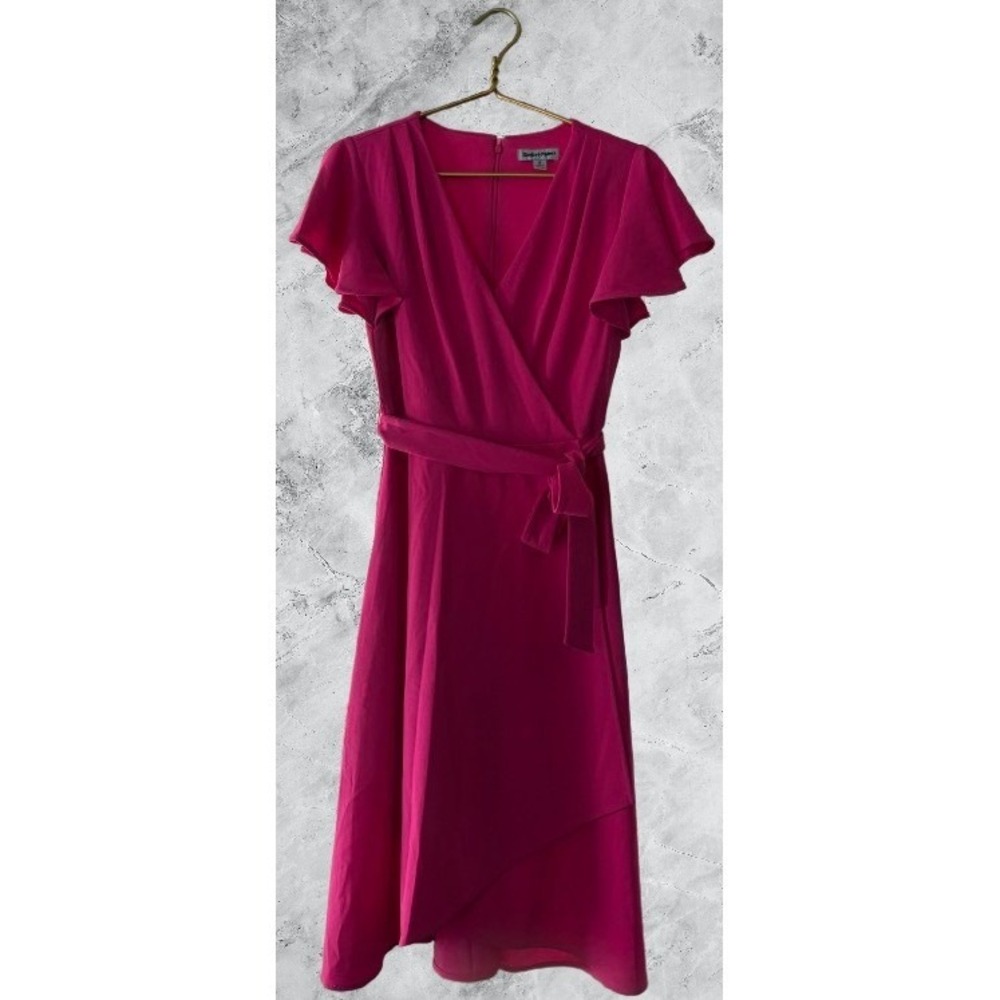 Shelby & Palmer Pink Faux Wrap Dress Flutter Sleeve Belted Midi Size 6 - Picture 2 of 6